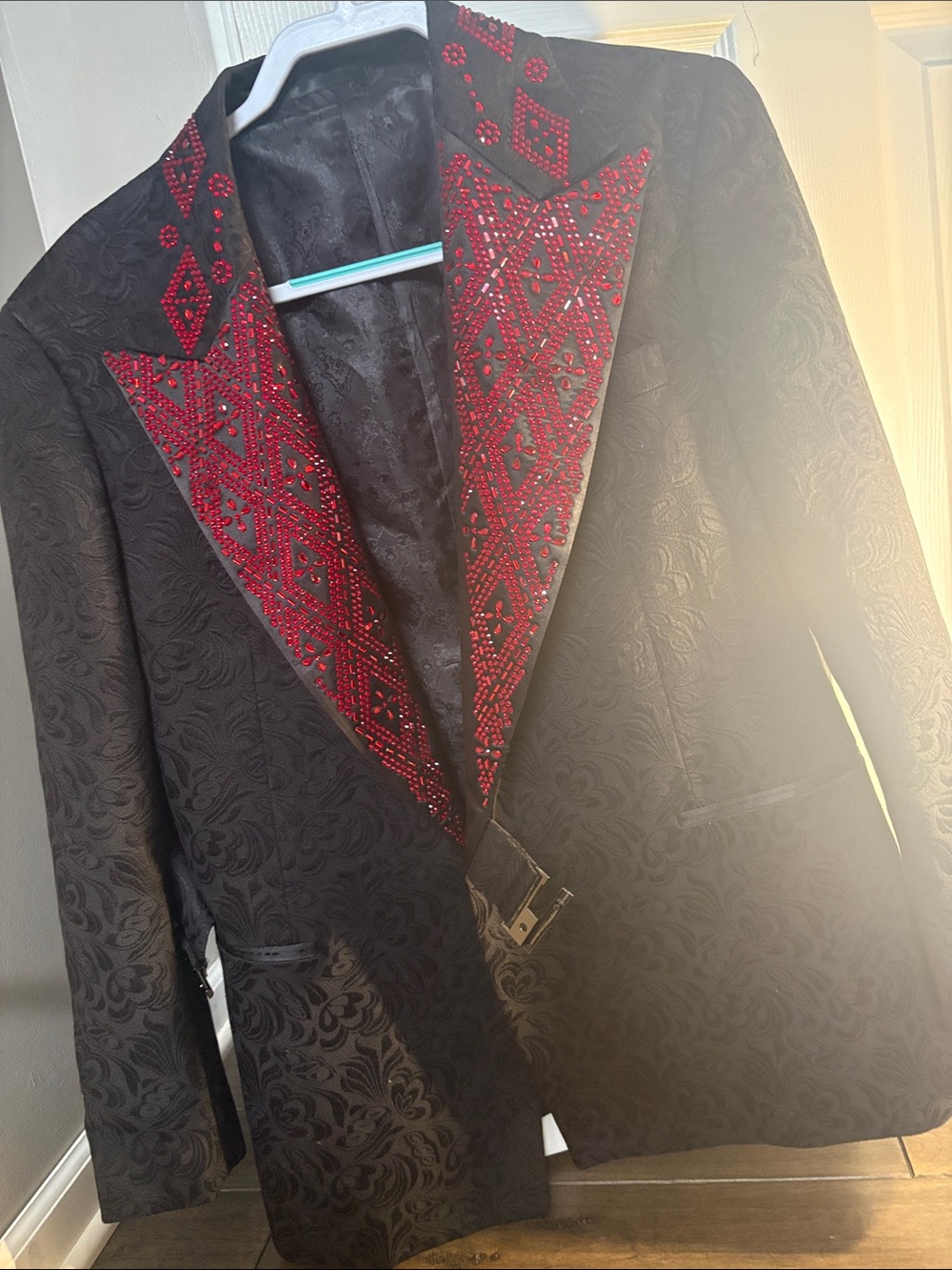 Black Jacquard Blazer with Red Beaded Lapel